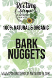 Advertisement for 100% natural and organic bark nuggets from Rooting for You Plant Nursery with leaf patterns.