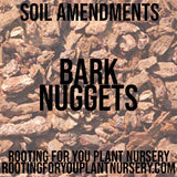 Bark nuggets with text overlay 'SOIL AMENDMENTS BARK NUGGETS' and 'ROOTING FOR YOU PLANT NURSERY'.