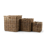 Three wicker Rattan Square Kubu Storage Baskets of different sizes on a white background