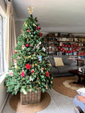 A tall artificial Christmas tree in a wicker Rattan Square Kubu Storage Basket stand, decorated with red ornaments, gold star and bow accents, and warm white string lights, set in a living room next to a window.