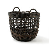 Woven brown basket with handles on a white background
