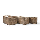 Three rectangular woven wicker storage baskets in varying sizes, arranged side-by-side on a plain white background.