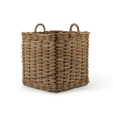 Woven brown basket with handles on a white background