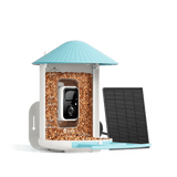 Smart bird feeder with solar panel on a white background
