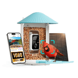 Bird feeder with camera, smartphone app, and red cardinal on a black background