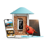 Bird feeder with camera, bird seeds, and a smartphone displaying a bird app on a black background