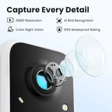 Camera lens with features highlighted on a white background