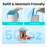 Bird feeder with refillable design, showing how to open the roof and add bird feed, featuring a red cardinal on a light blue background.