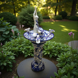 Blue & White Talavera Frog Fountain with Rim Birds | Mexican Garden