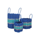 Set of three blue woven baskets with striped patterns on a white background
