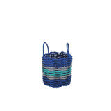 Woven basket with blue, gray, and green stripes on a white background