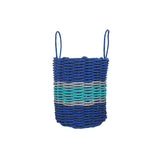 Woven basket with blue, green, and gray stripes on a white background