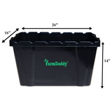 Black plastic container with 'FarmDaddy' branding and dimensions labeled on a white background