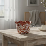 Brown & White Talavera Planter | Handcrafted Wavy Rim Pot