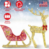 Decorative LED reindeer and sleigh with Christmas lights on a snowy background.