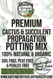 Advertisement for premium cactus and succulent propagation potting mix with branding and contact information.