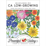 Wildflower mix packaging with colorful flowers and 'Peaceful Valley' branding.