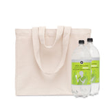 Beige tote bag with two bottles of lemon lime flavored water on a white background
