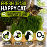 A tabby cat sits behind a wooden planter filled with tall green cat grass. Large text reads 'FRESH GRASS HAPPY CAT' with supporting claims like 'Hands down the easiest way to grow cat grass' and four benefit icons for reducing hairballs, digestion support, freshened breath, and oxygen boost.