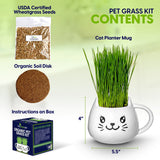 Pet grass kit contents including wheatgrass seeds, organic soil disk, cat planter mug with growing grass, and packaging on a green background.