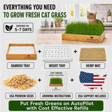 A promotional collage for a cat grass growing kit showing a finished green grass tray with a cat sitting in it, plus separate components labeled bamboo tray, insert tray, hemp mat, USA premium seeds, growing instructions, and USA support included.