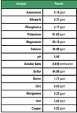 Table of various analyte results including Ammonium, Nitrate-N, Phosphorus, etc.