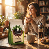 Woman enjoying coffee with a bag of coffee beans on a wooden table.