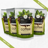 Four green coffee bags with coffee bean imagery on a white background