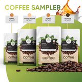 Coffee sampler with various roast types on a green background