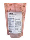 Bag of chopped dates in rice flour with nutrition label on a white background