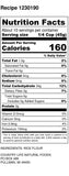 Nutrition facts label for a product with serving size, calories, and ingredient list.