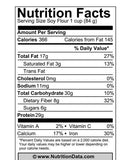 Nutrition facts label for soy flour, showing calories, fat, carbohydrate, protein, and other nutrients per serving.