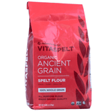 Red bag of Vitaspelt organic ancient grain spelt flour on a white background