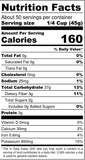 Nutrition facts label for a food product with serving size, calories, and detailed nutritional information.