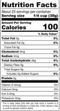 Nutrition facts label for a food product with serving size, calories, and detailed nutritional information.