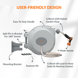Gray garden hose reel with labeled features on a white background