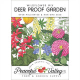 Peaceful Valley Wildflower Mix deer proof garden seed packet with colorful flowers and branding.