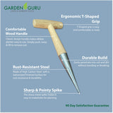Garden dibber tool with features highlighted on a blue background, branded as Garden Guru.
