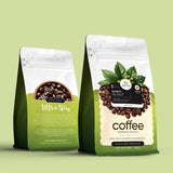 Two green coffee bags with white labels on a light green background