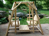 Wooden swing set with benches in a garden setting