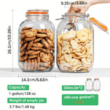 Two large clear glass jar canisters with clamp lids are shown on a white background, one filled with cookies and the other with dried fruit slices. A hand is reaching for the lid of the right jar.