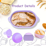 A lavender silicone loaf pan shown on a white background with bread props and the text 'Product Details.' Circular inset images at the bottom show close-up views of the pan and bread inside it.