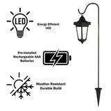 Garden light with features highlighted including LED, rechargeable batteries, and weather resistance.