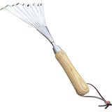 Gardening tool with metal prongs and wooden handle on a white background