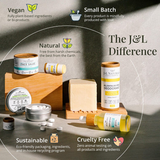 J&L Naturals skincare products with branding and sustainability features on a neutral background