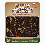 European Nightcrawler Worm Bedding packaging with worms and soil on a brown background