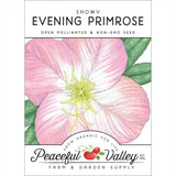 Peaceful Valley Showy Evening Primrose seed packet with a pink flower illustration on a white background.