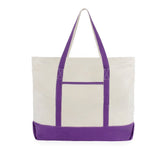 Beige tote bag with purple accents on a white background
