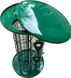 Green bird feeder with a black mesh cover on a white background 3-in-1 Outdoor Tube Bird Feeder for Small Wild Birds