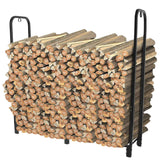 Wooden logs stacked on a metal firewood rack against a white background